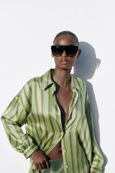 Striped Sage Satin Blouse - Sz. M