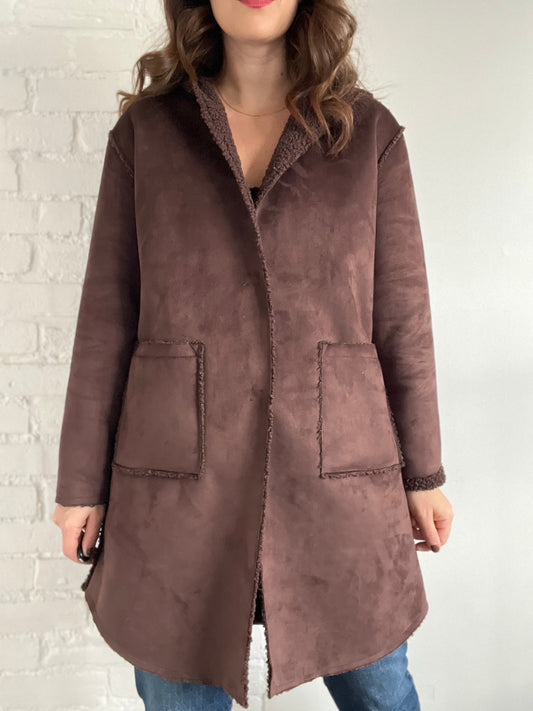 Chocolate Brown Suede Teddy Coat - Sz. M