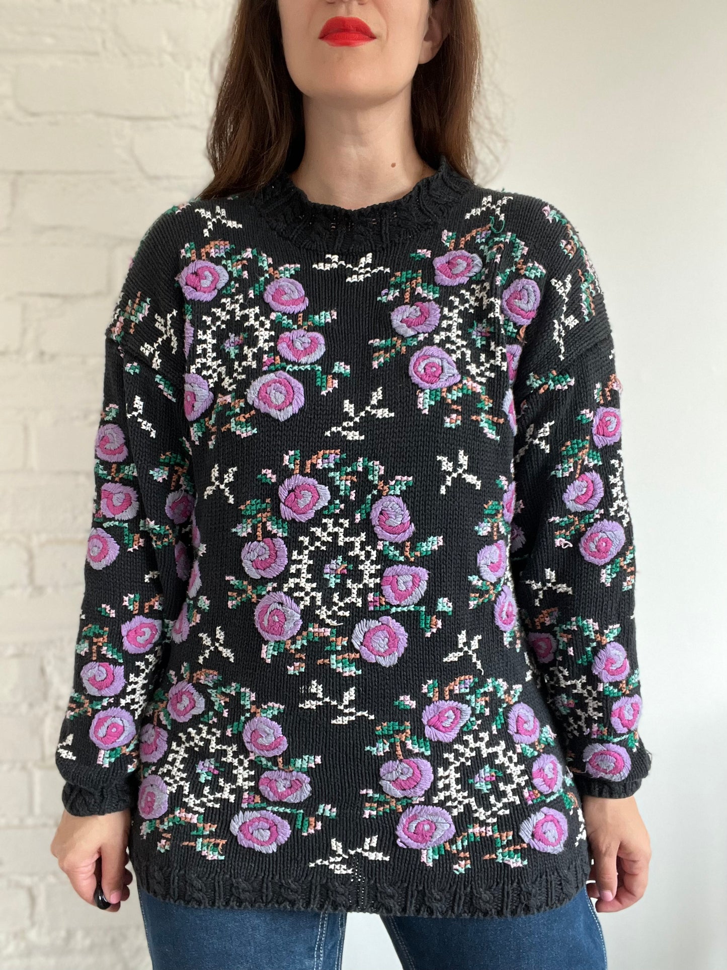 Purple Pixel Floral Knit Sweater - L