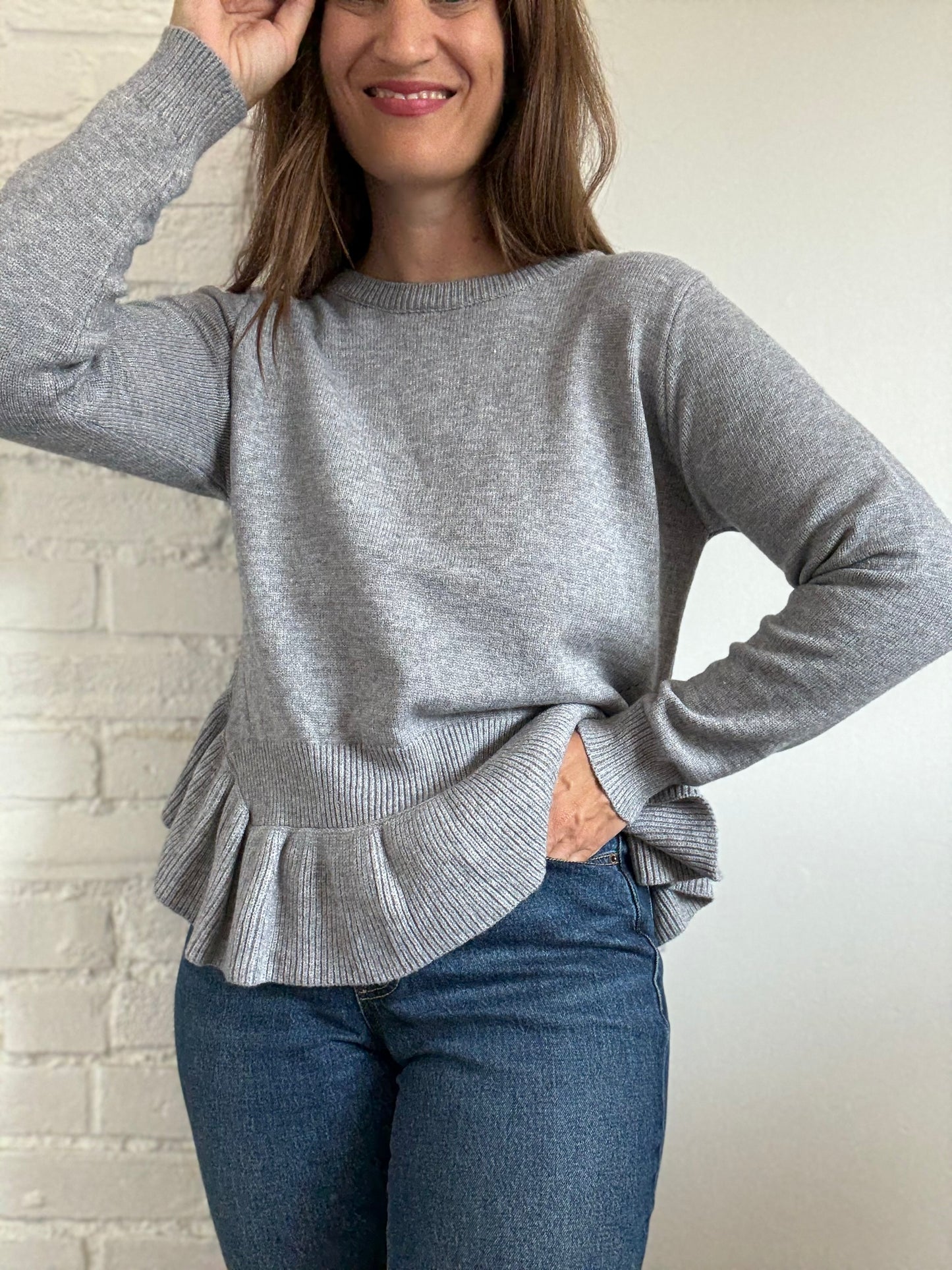 Ruffle Flounce Grey Sweater - Size L