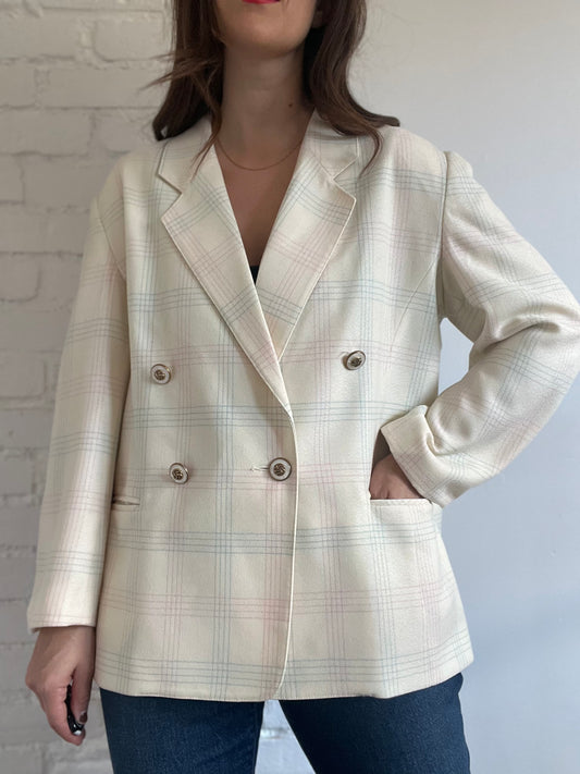Ivory Plaid Blazer - XL (Oversized)