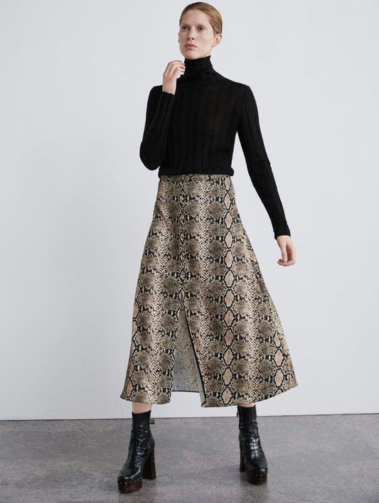 Snakeskin Print Midi Skirt - XS