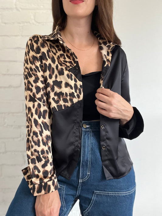 Satin Black n' Leopard Button Up Top - M