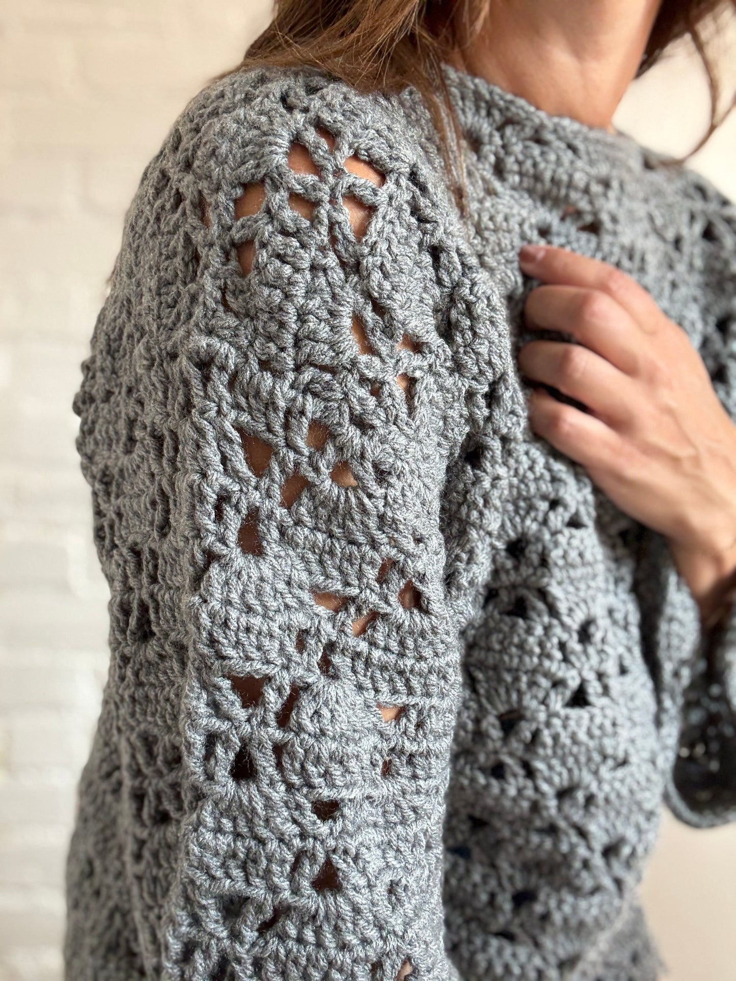 Handmade Crochet Grey Sweater - Size S (oversized)