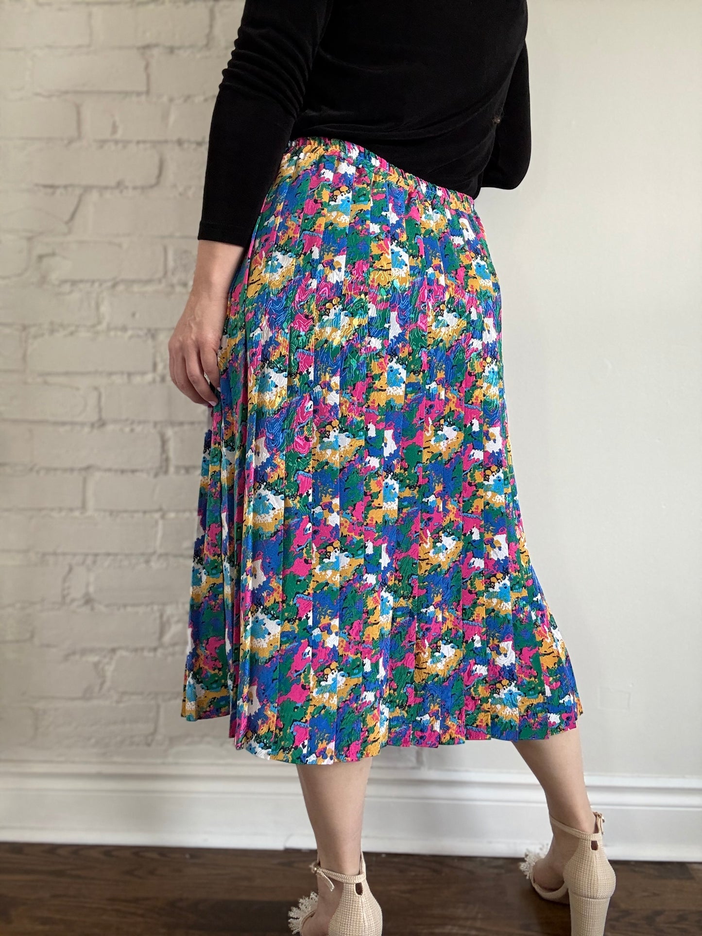 80s High Waist Pleated Floral Skirt - Sz. XL