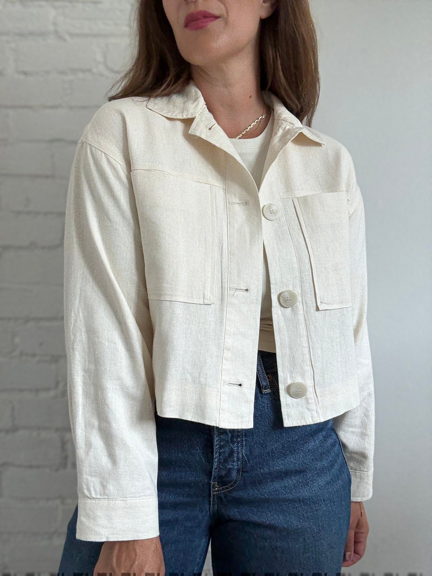 Linen Ivory Cropped Jacket - Size S (oversized)
