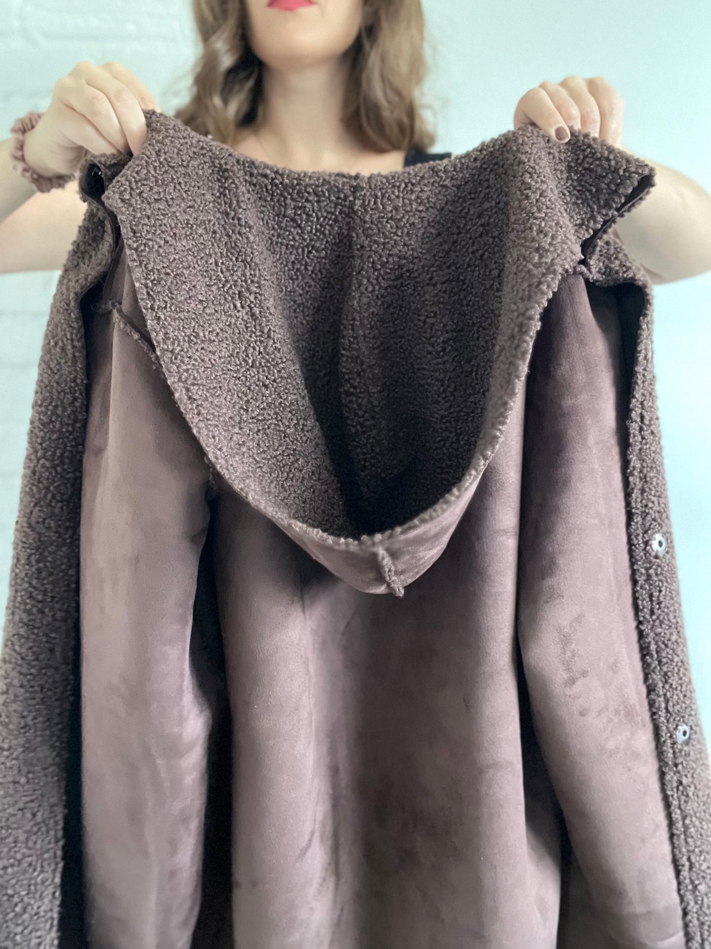 Chocolate Brown Suede Teddy Coat - Sz. M