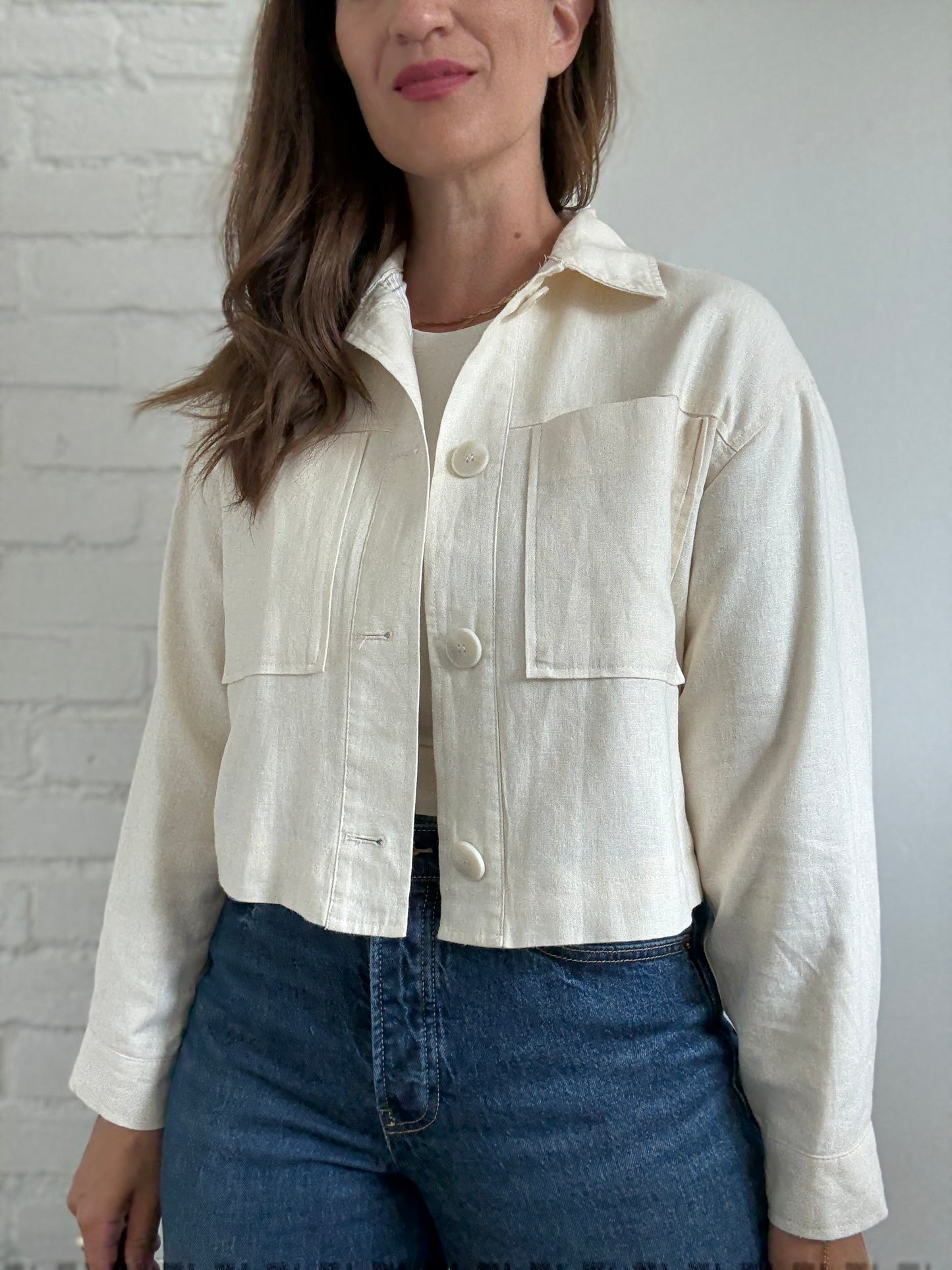 Linen Ivory Cropped Jacket - Size S (oversized)
