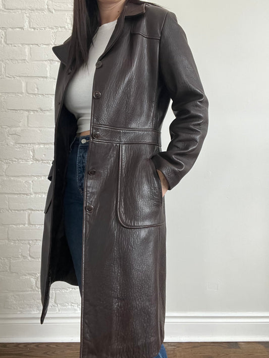 Chocolate Brown Leather Trenchcoat - S