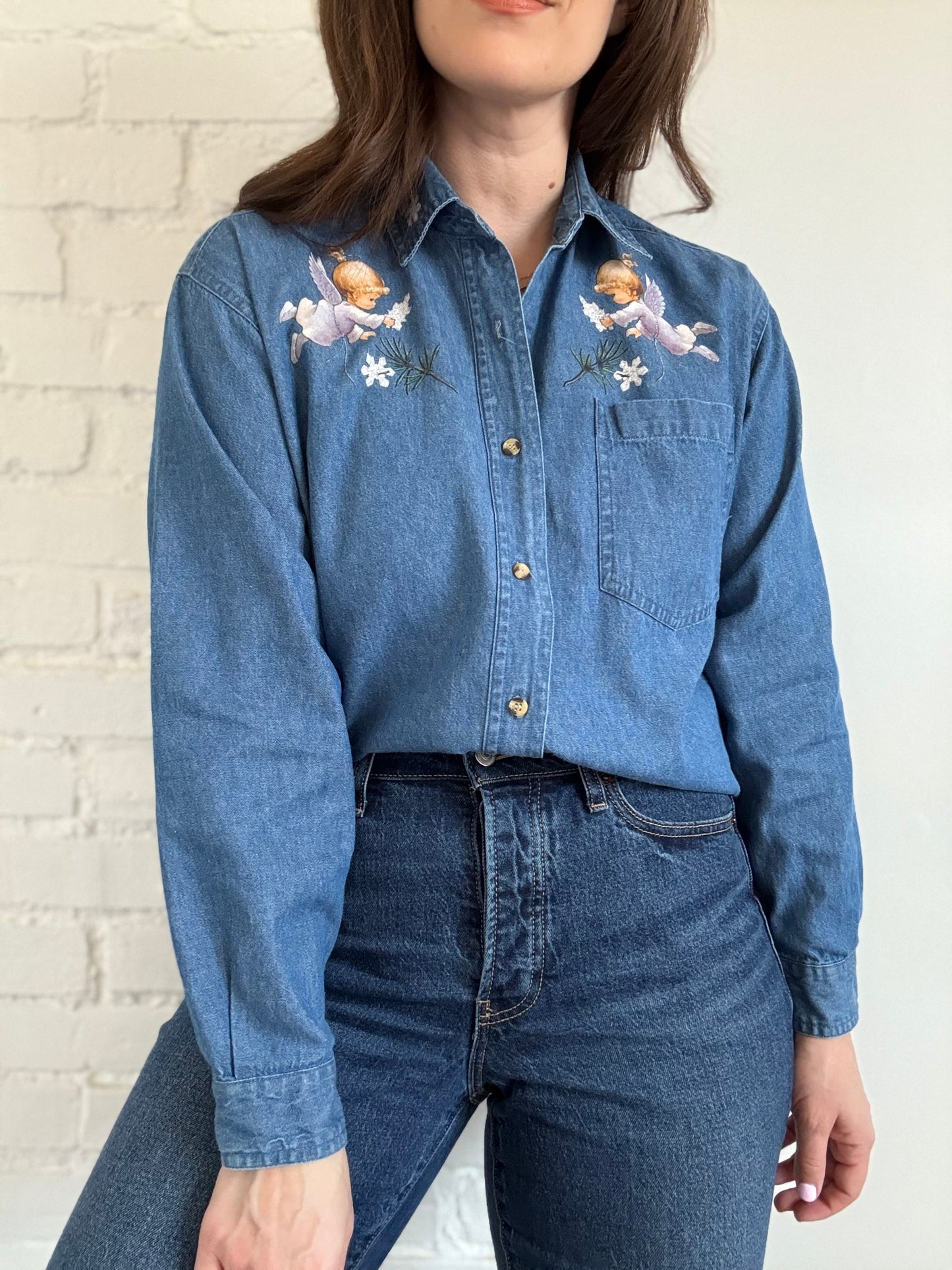 Angel Denim Button-Up Shirt - Sz. S (oversized)