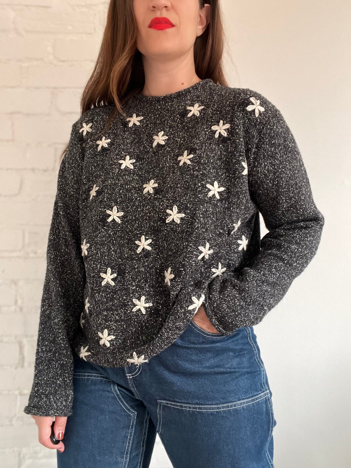 Handknit Floral Speckle Sweater - L