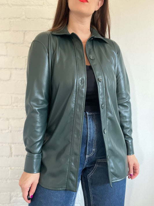 Hunter Green Faux Leather Button-Up - XS