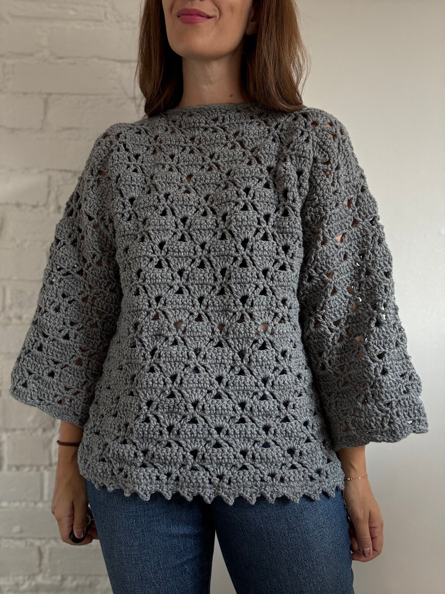 Handmade Crochet Grey Sweater - Size S (oversized)