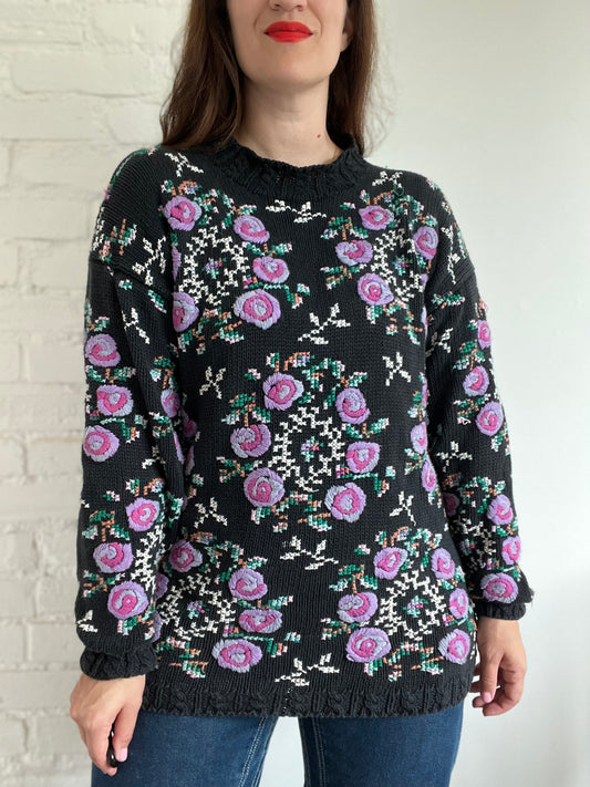 Purple Pixel Floral Knit Sweater - L