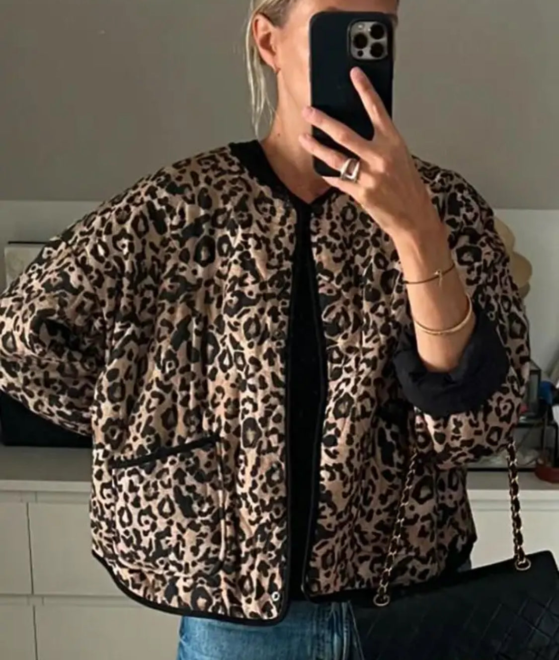 Leopard Quilted Jacket - Size S (oversized)