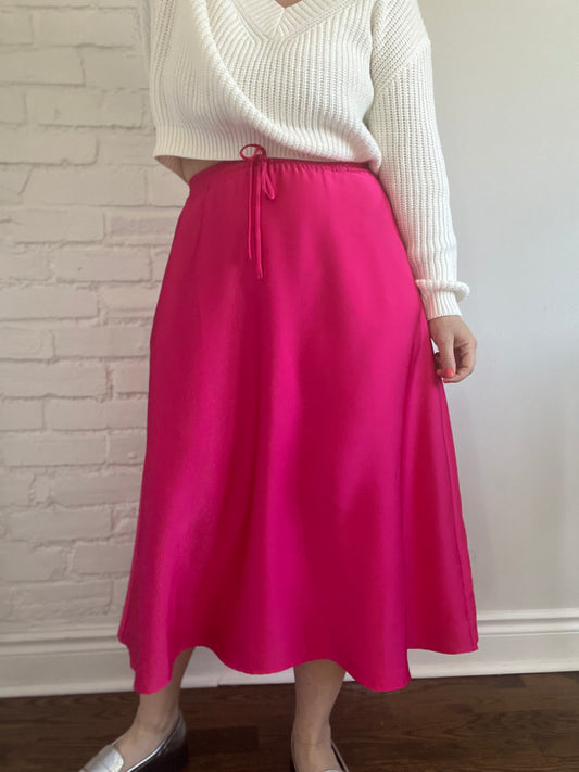 Pink Satin Midi Skirt - M