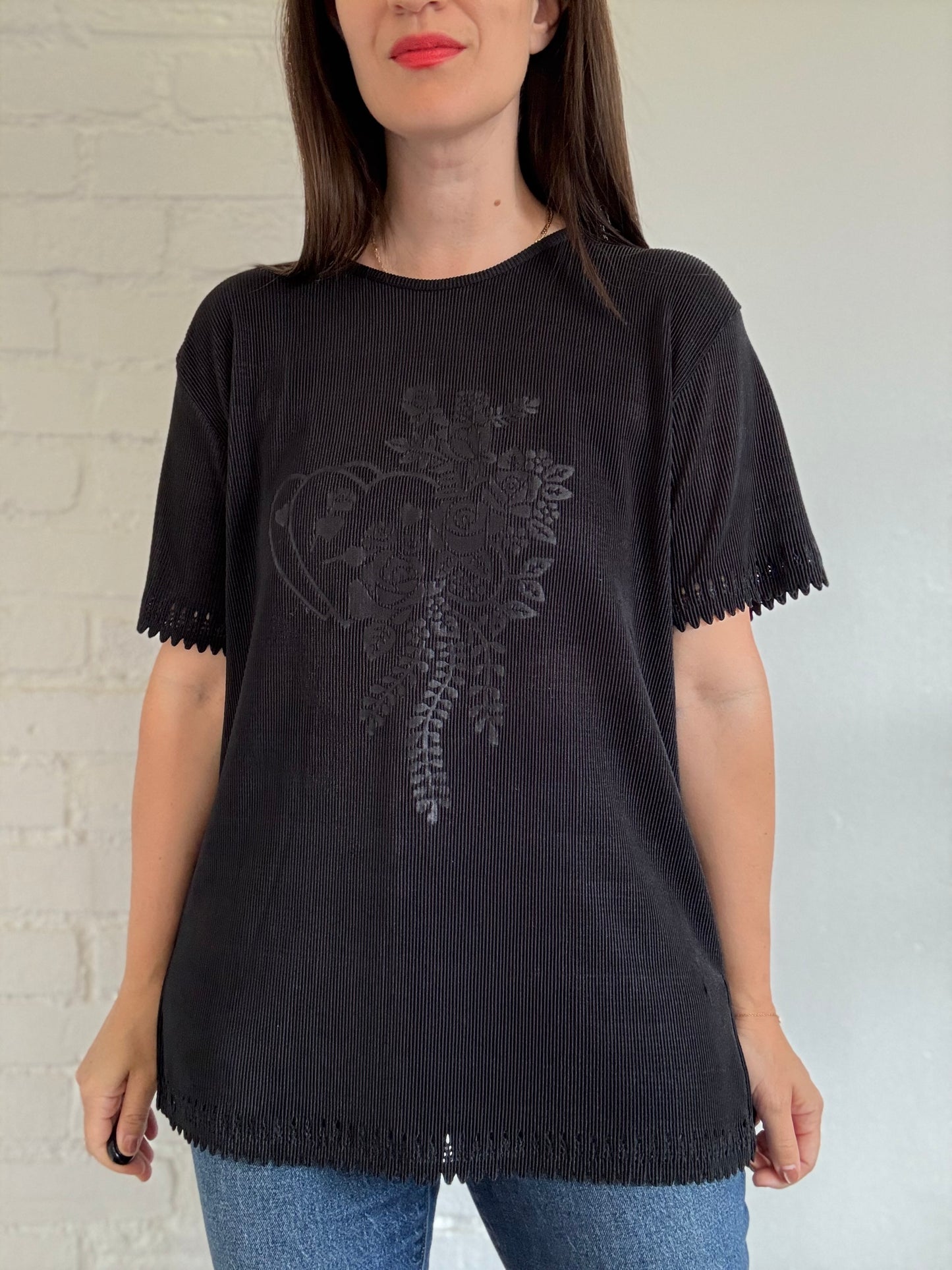 Black Plisse Floral Shirt - Size L