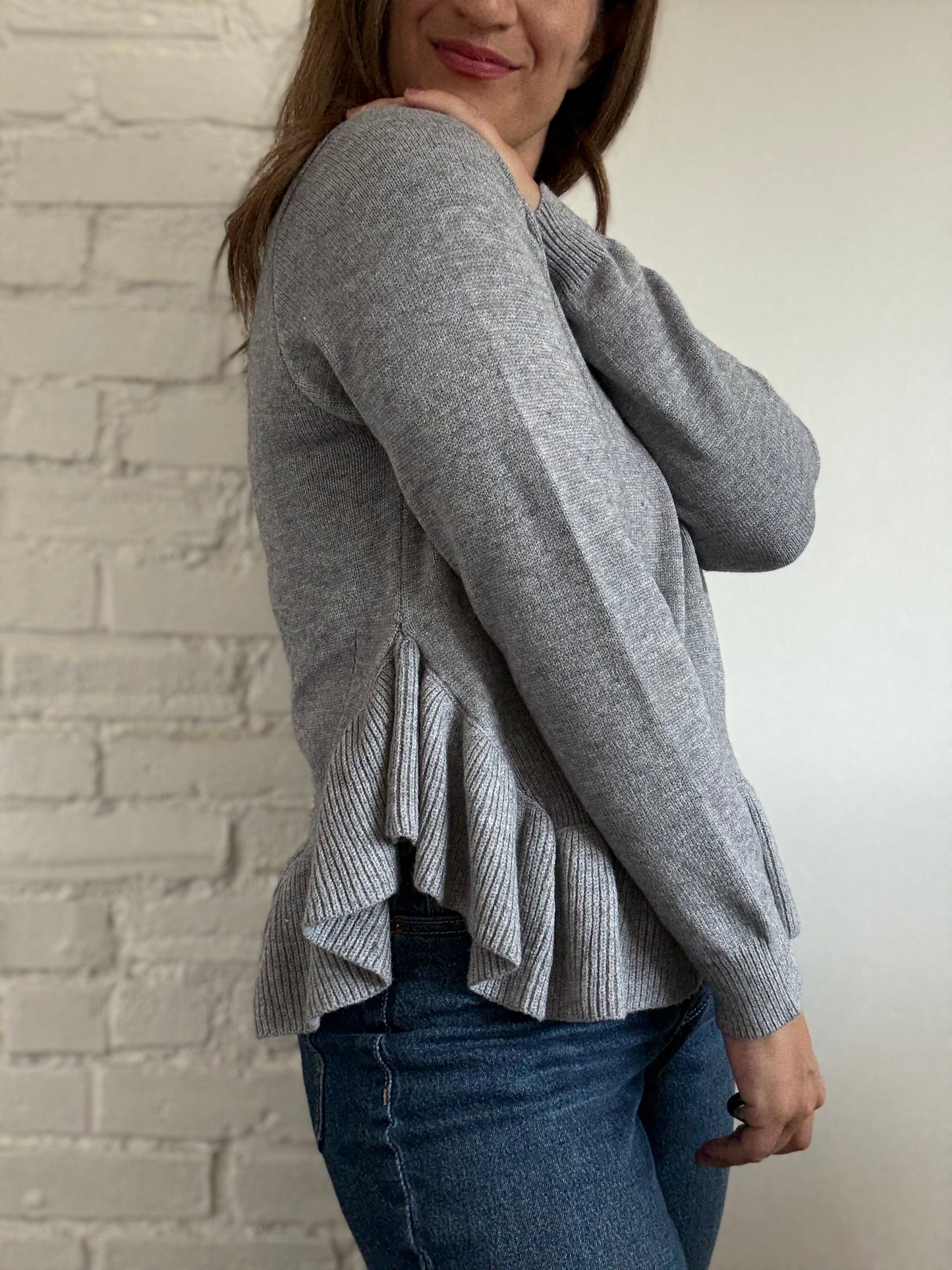 Ruffle Flounce Grey Sweater - Size L