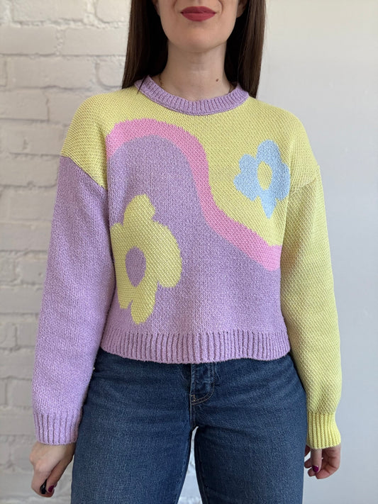 Vibrant Floral Pastel Sweater - Sz. S (oversized)