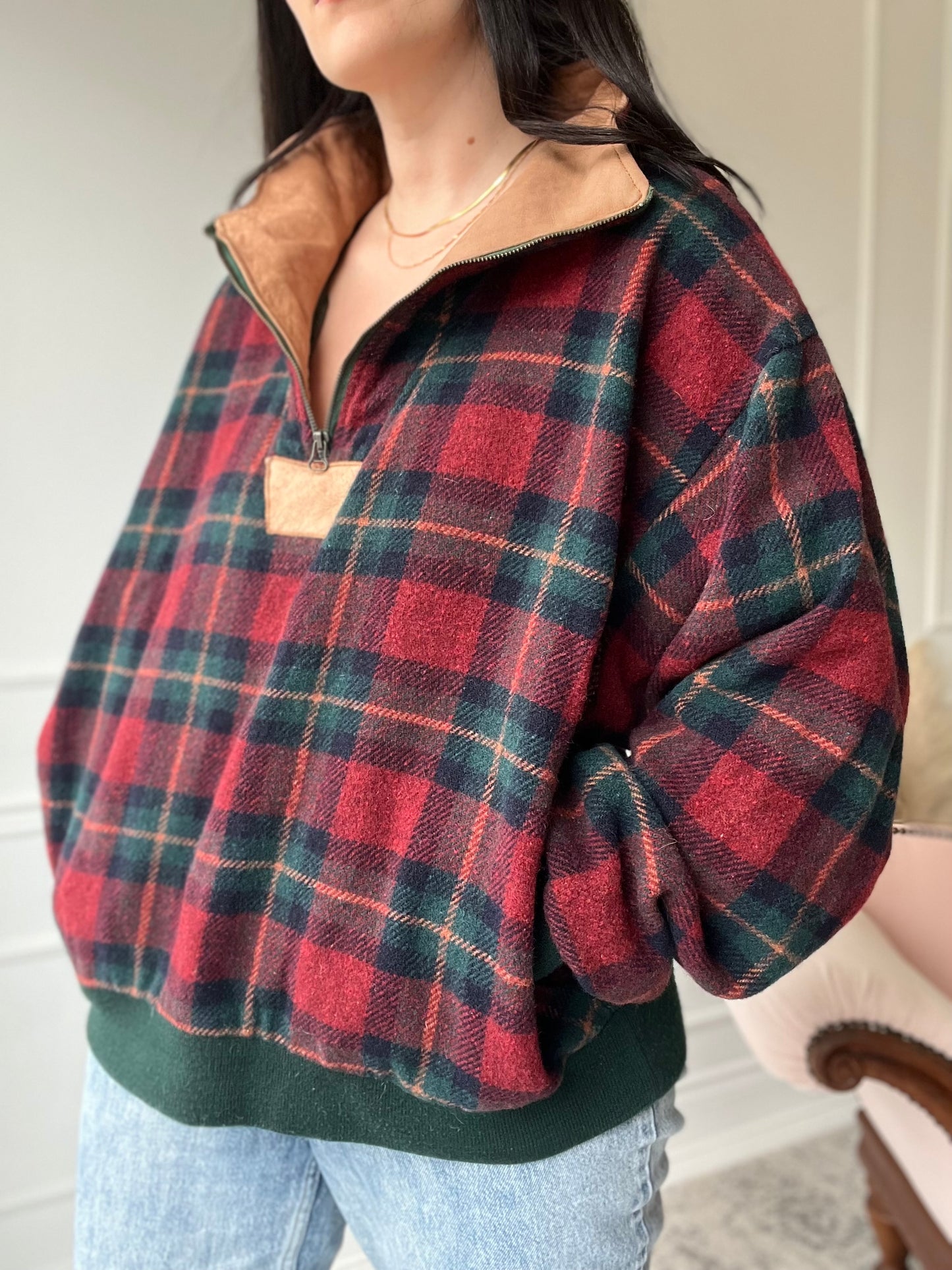 Vintage Plaid Suede Pullover - Size XL
