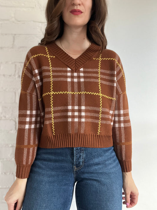 Mocha Plaid Crop Sweater - XS