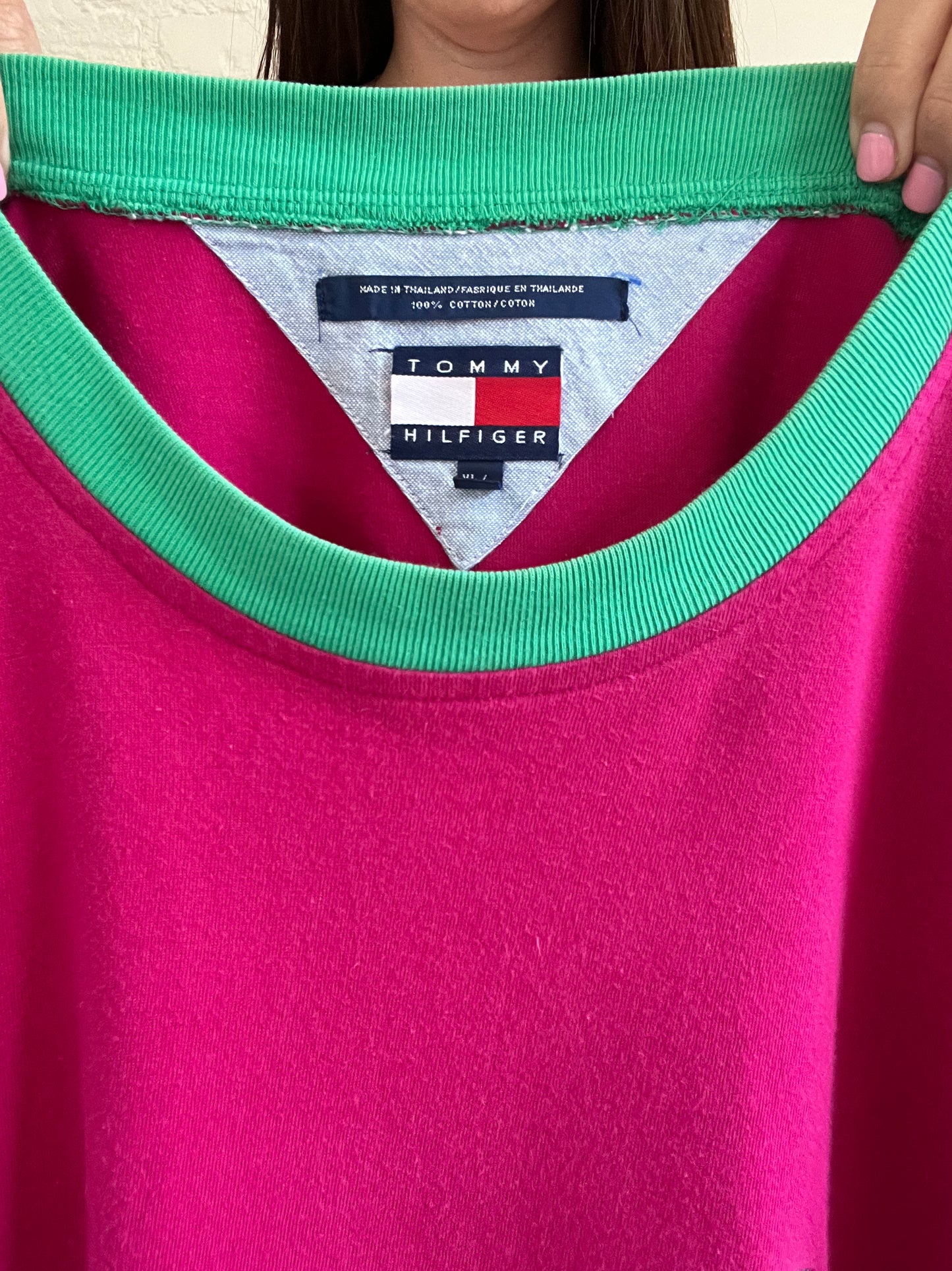Vintage Tommy Hot Pink Colour Block T-shirt - XL