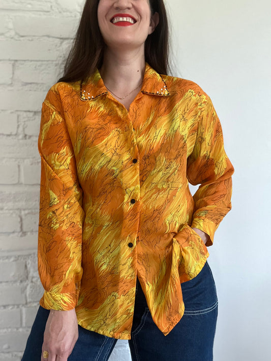 Abstract Orange Button-Up - M