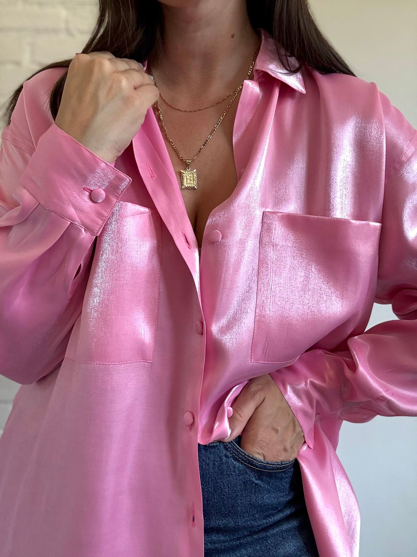 Oversized Bubblegum Satin Shirt - Size L
