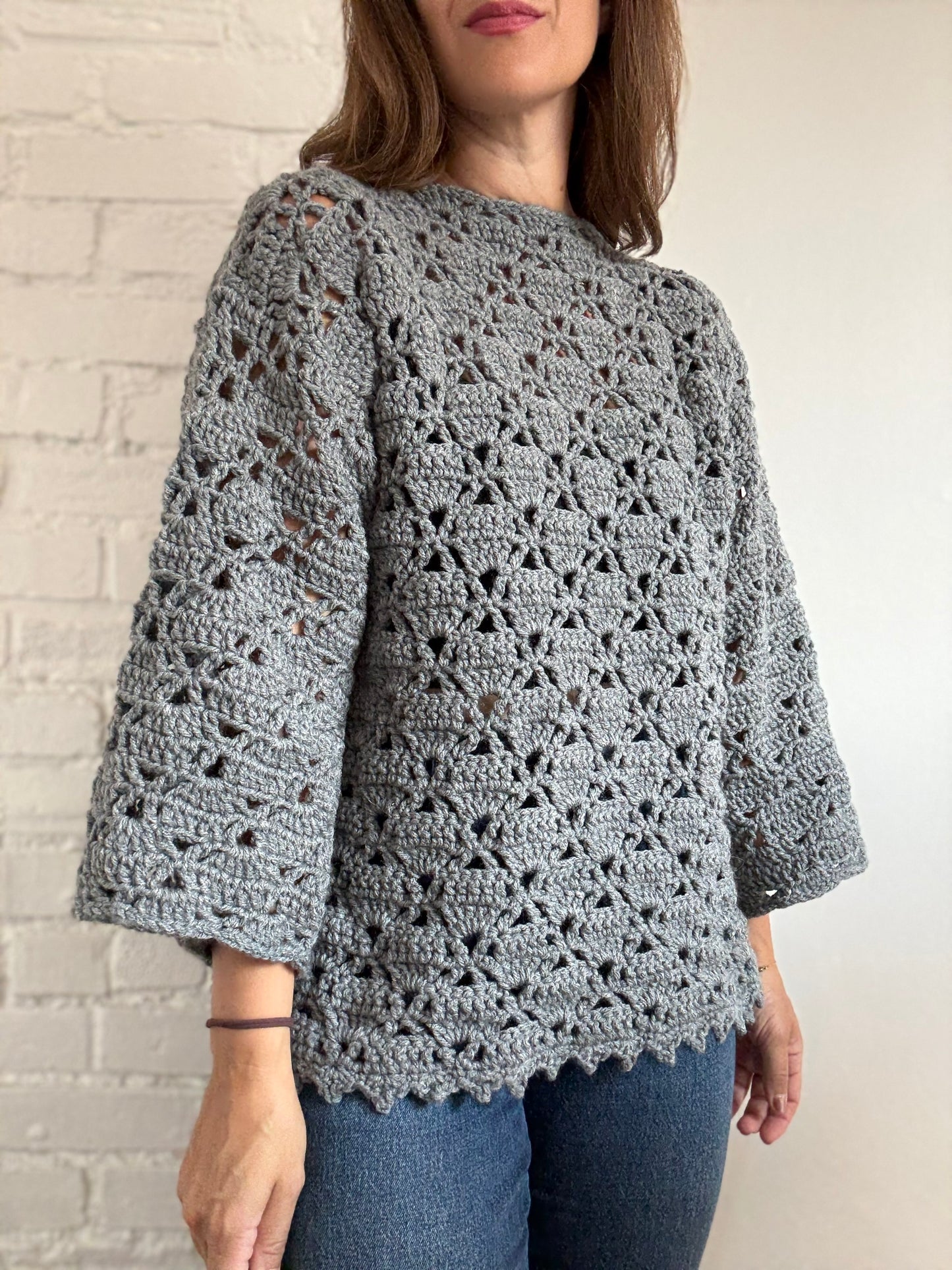 Handmade Crochet Grey Sweater - Size S (oversized)