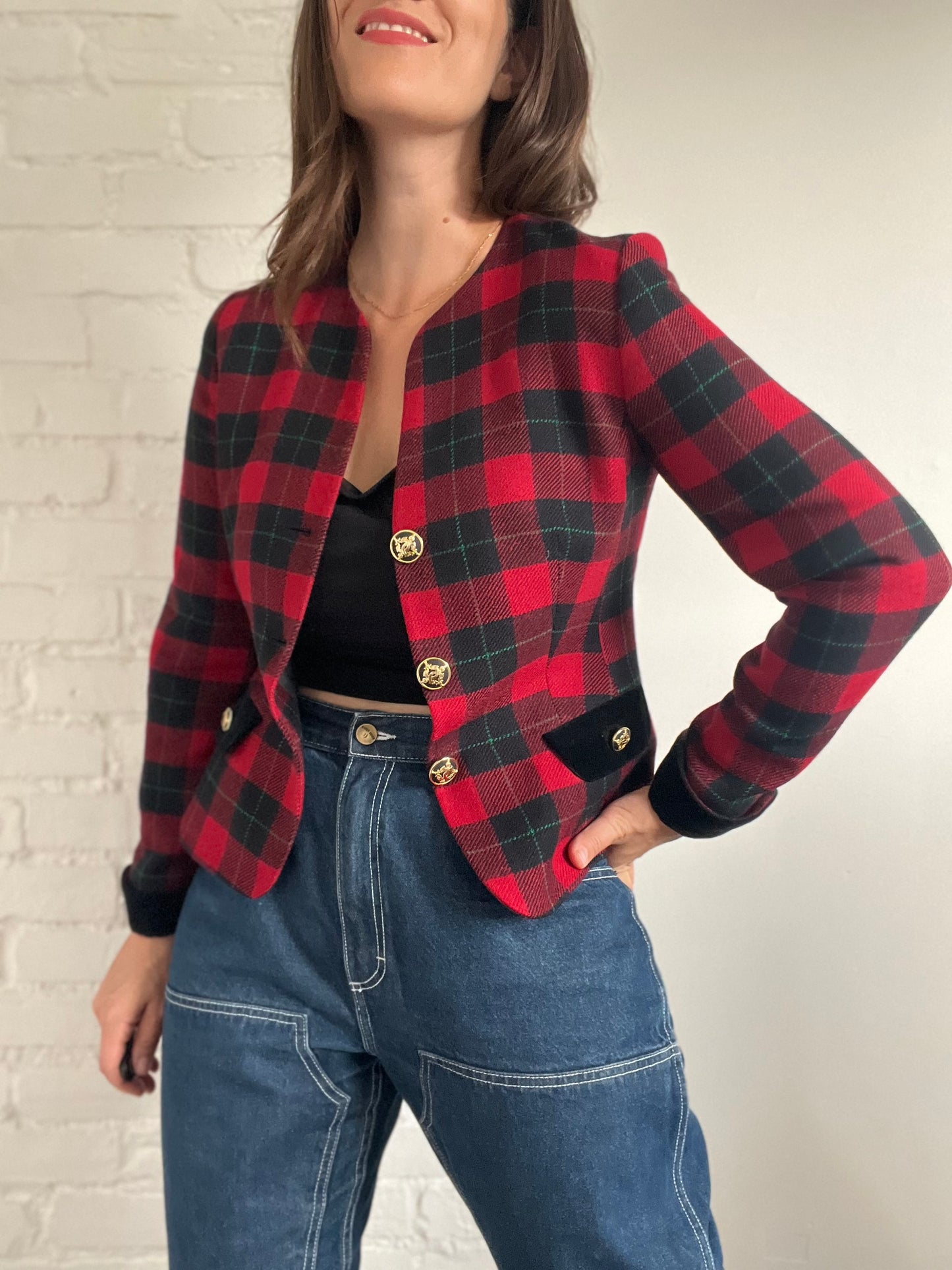 Red & Black Plaid Blazer - M