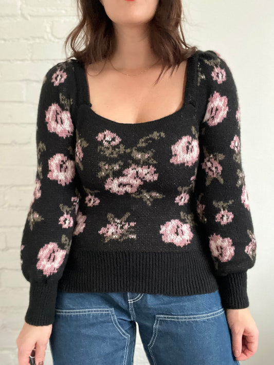 Square Neck Floral Sweater - Size S