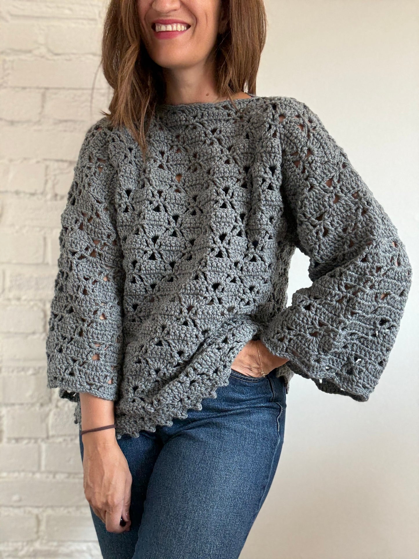 Handmade Crochet Grey Sweater - Size S (oversized)
