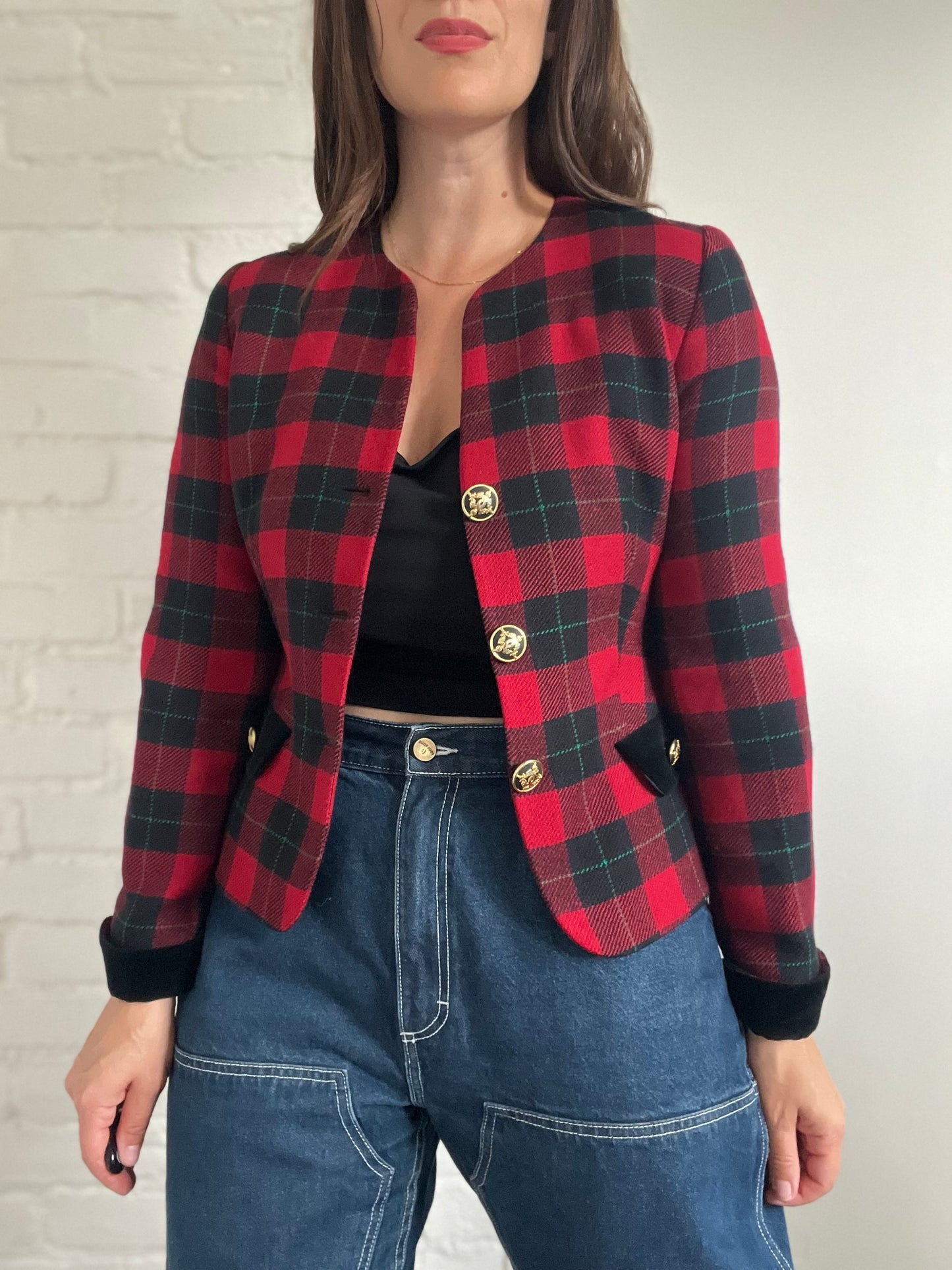Red & Black Plaid Blazer - M