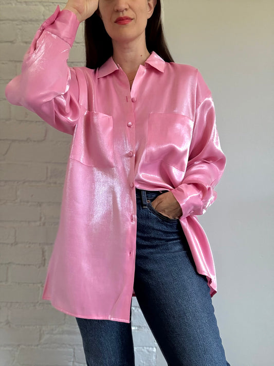 Oversized Bubblegum Satin Shirt - Size L