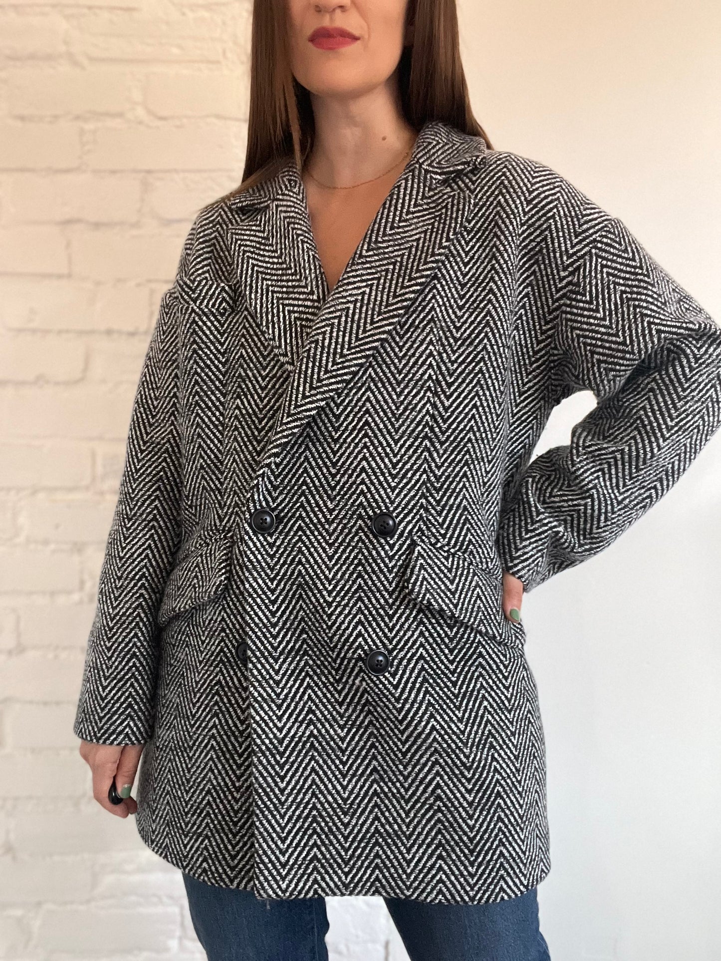 Herringbone Double Breasted Coat - M