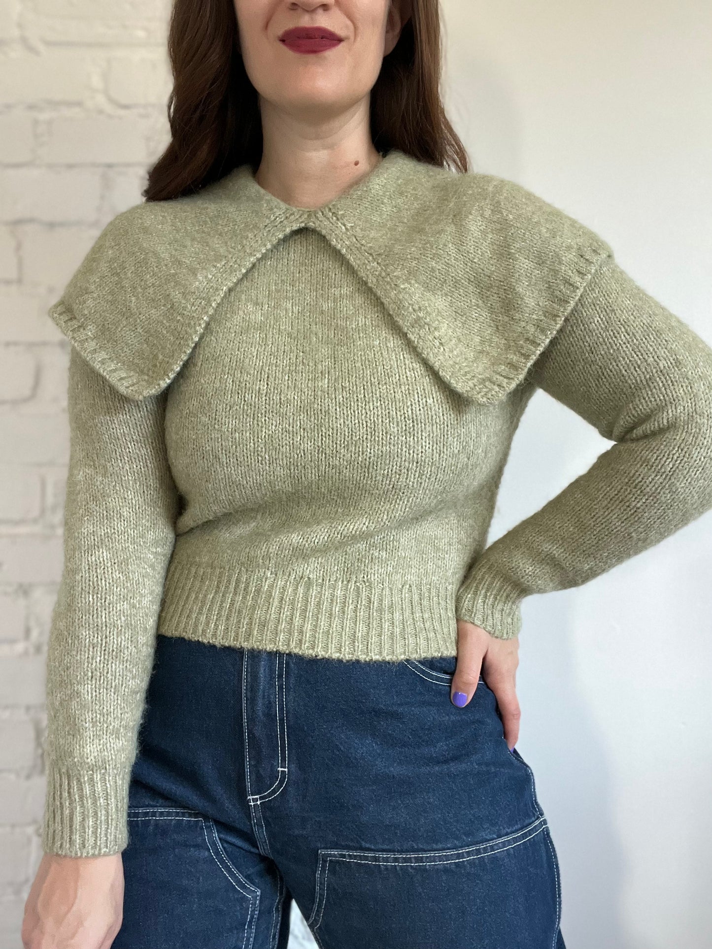 Wide Lapel Sage Sweater - S