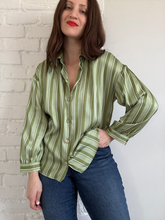 Striped Sage Satin Blouse - Sz. M