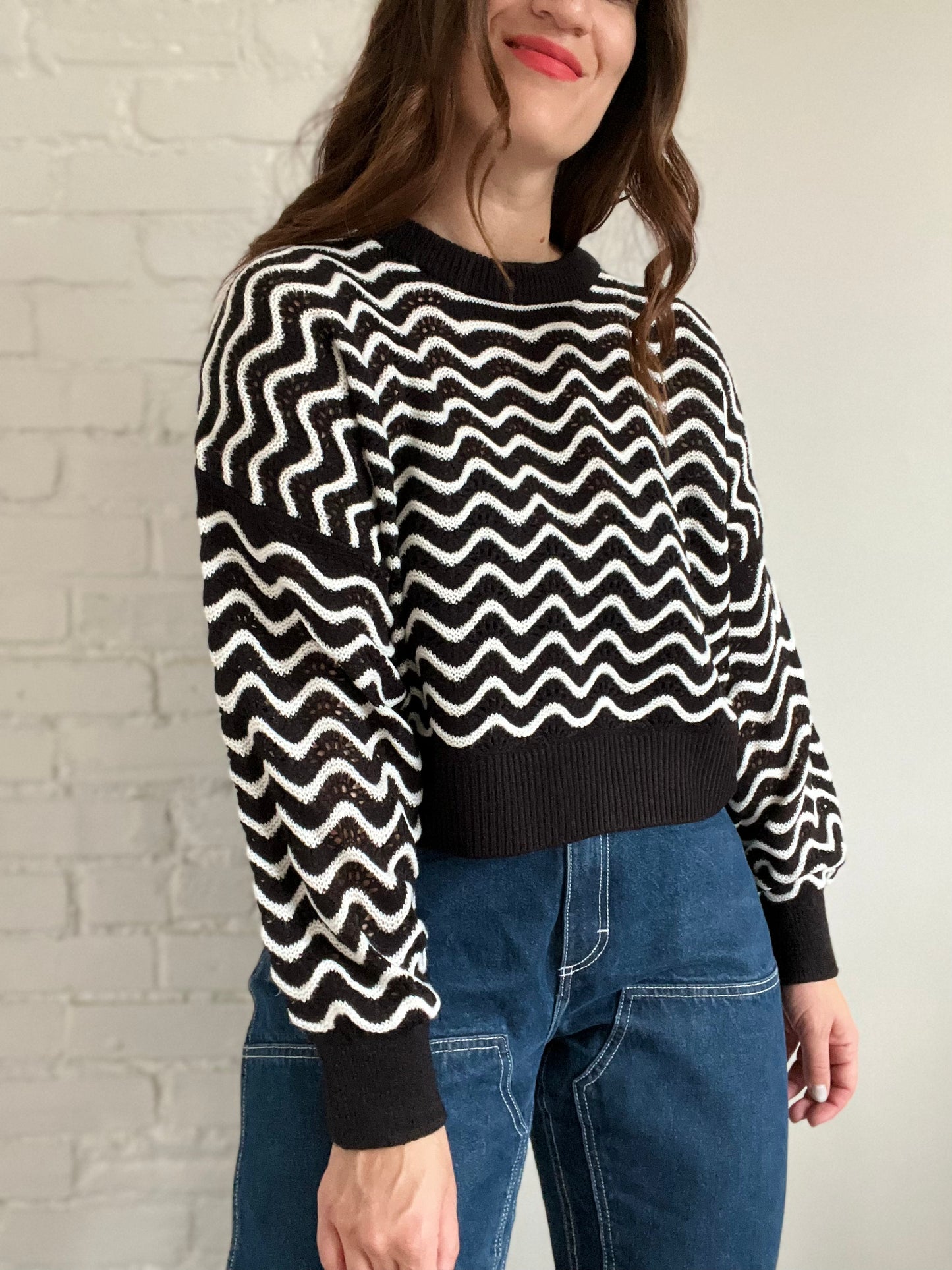 B&W Pointelle-Knit Sweater - Size L