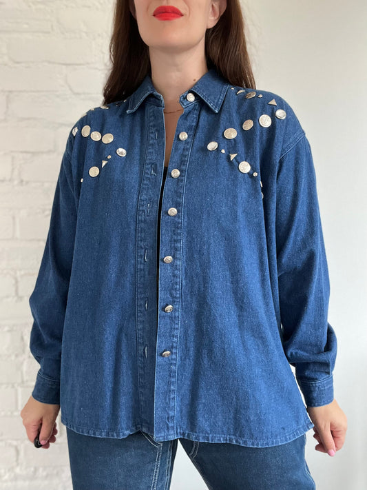 Denim Embellished Button Up - M/L