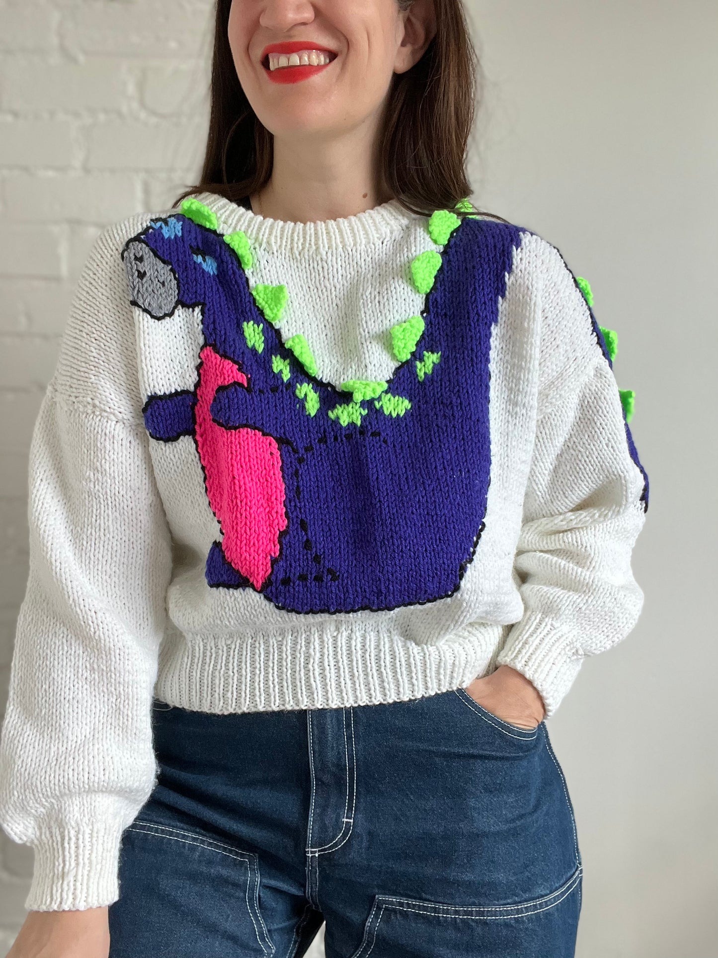 80s Handmade Dinosaur Knit Sweater - M/L