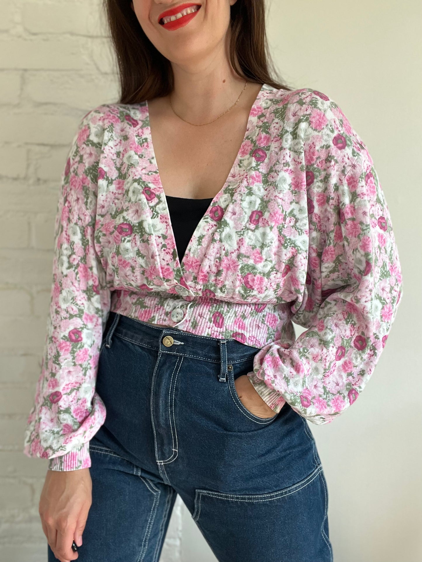 Crop Relaxed Floral Cardigan - XL