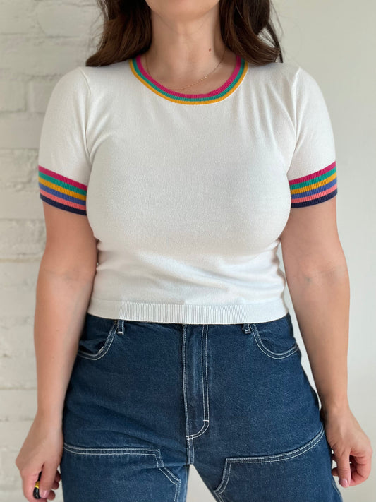 Rainbow White Crop Knit Tee - M/L