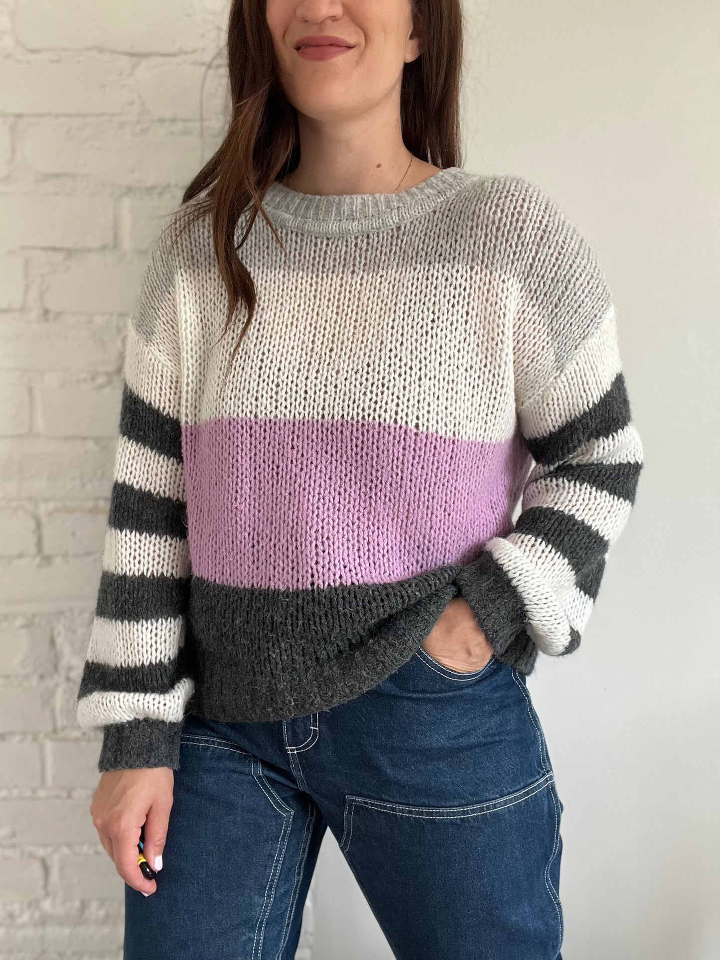 Stripe Colour Block Knit Sweater - L
