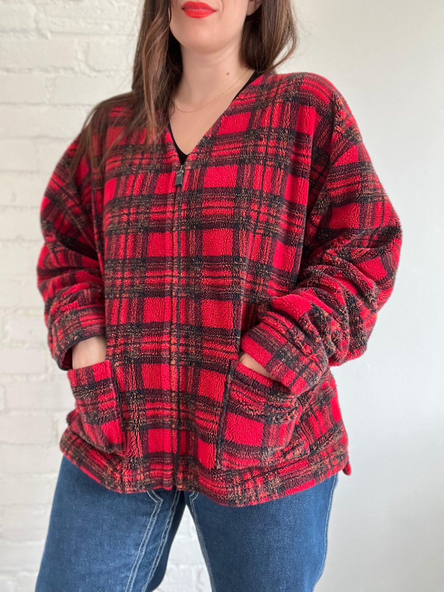Red Plaid Sherpa Zip Up - XXL