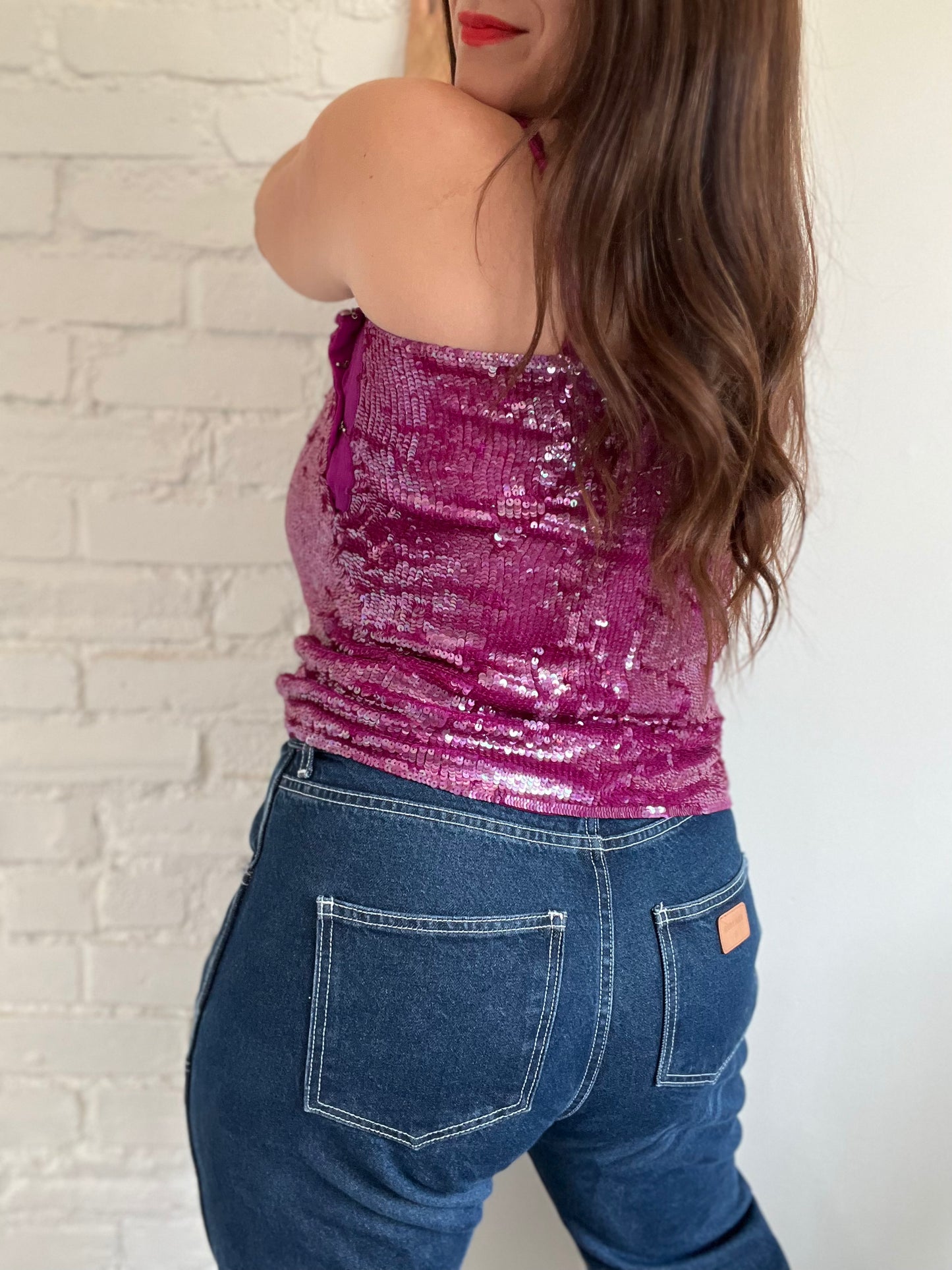 1970s Vintage Pink Sequins Tank Top - S/M