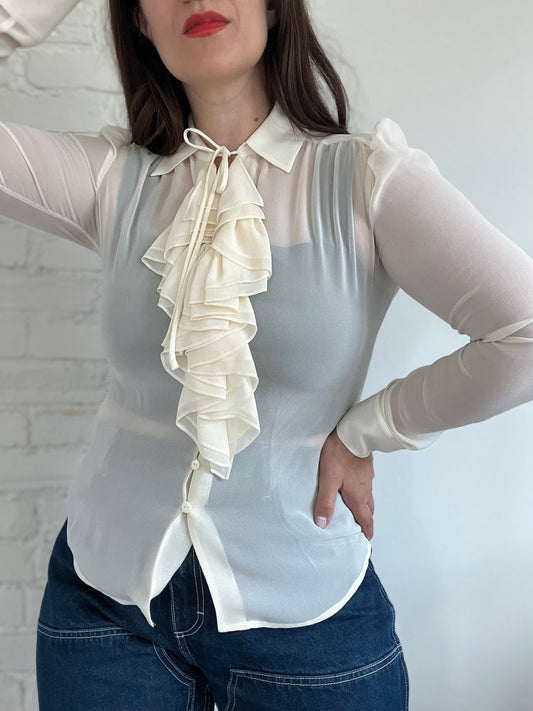 100% Silk Ruffle Blouse - S/M
