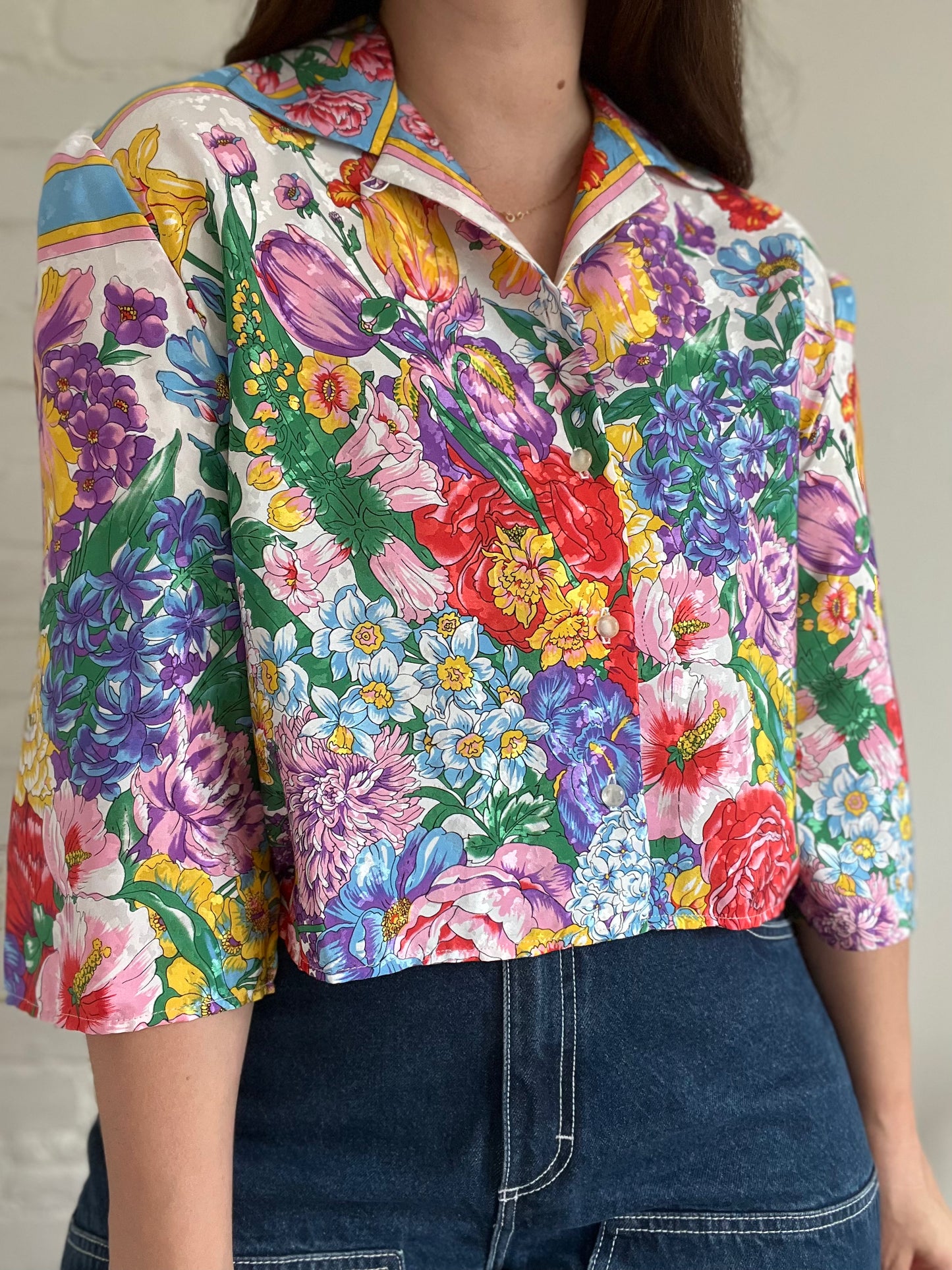 Rainbow Floral Satin Crop Blouse - M/L