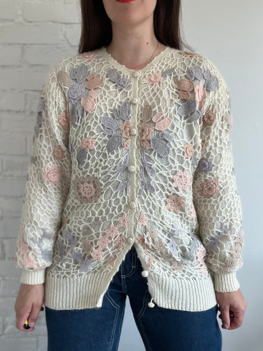 Vintage Crochet Floral Cardigan - L