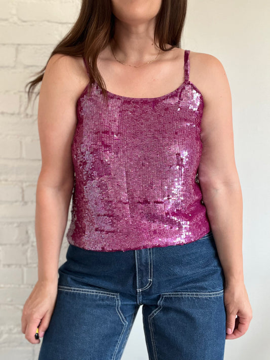 1970s Vintage Pink Sequins Tank Top - S/M