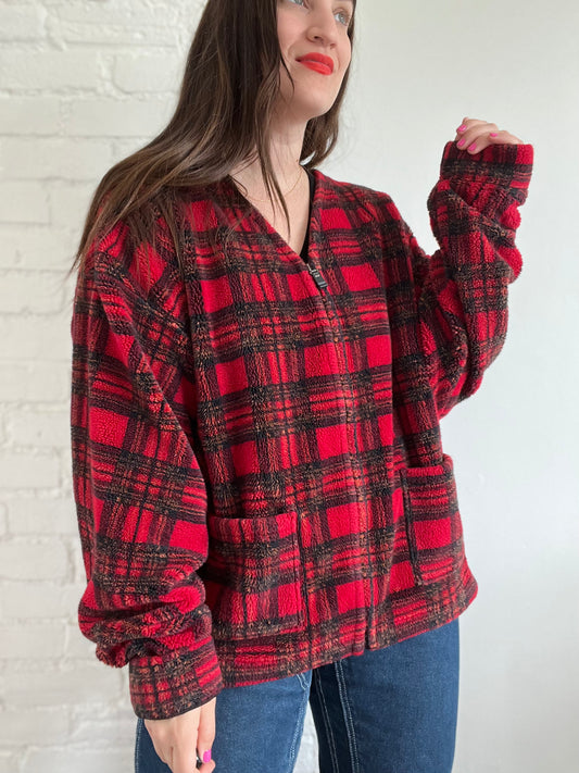 Red Plaid Sherpa Zip Up - XXL